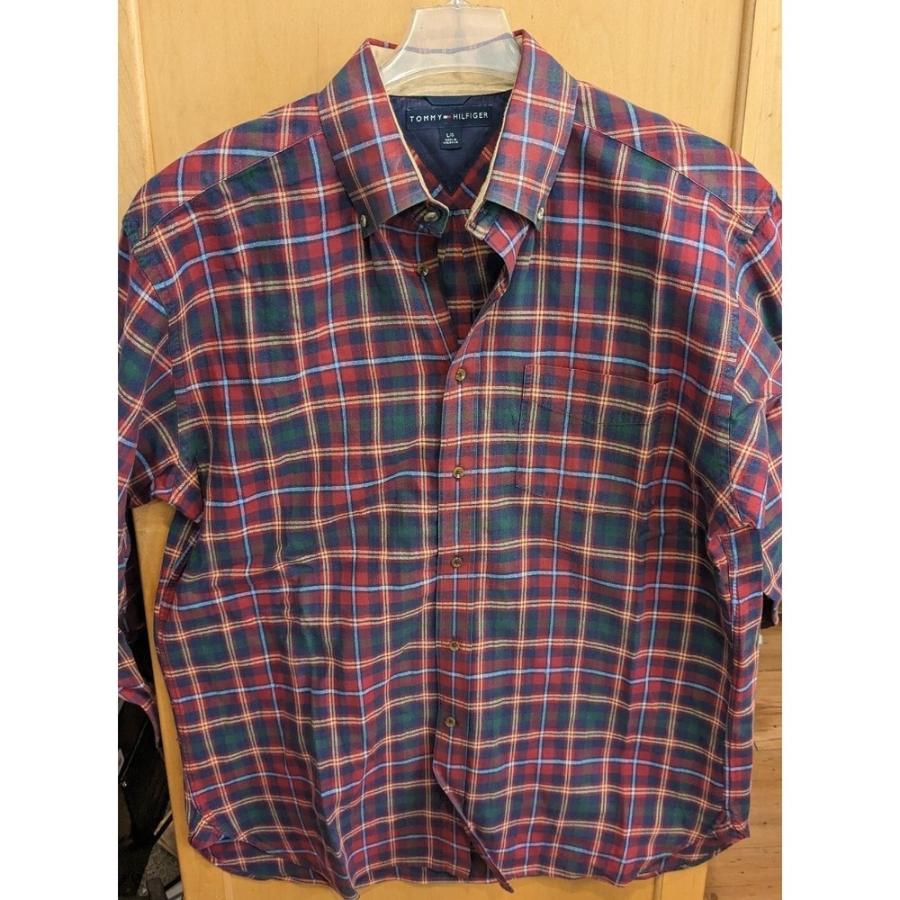 Tommy Hilfiger Button Down Shirt  Mens  Long Sleeve Red‎ Plaid Large-XL Cotton